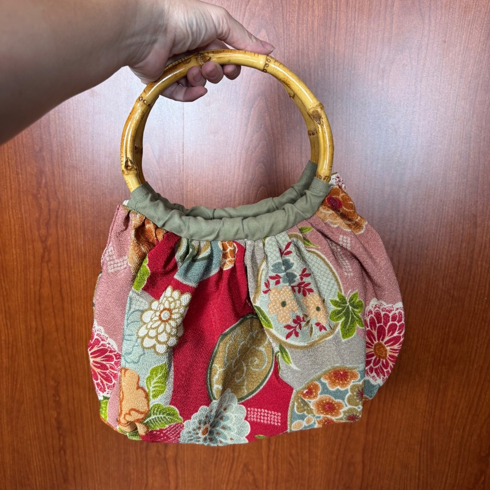 J Jill Vintage Style Floral Pleated Handbag w/Bamboo Ring Handles Boho Whimsical - Picture 8 of 16